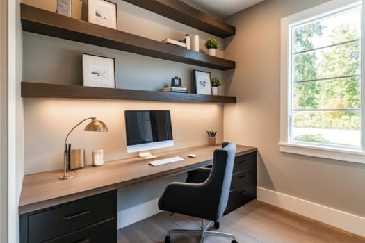 Stylish home office featuring dark wood floating shelves, large window, and sleek computer setup on wooden desk.
