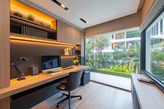 Modern home office with large windows overlooking lush tropical garden, featuring warm lighting and sleek furniture.