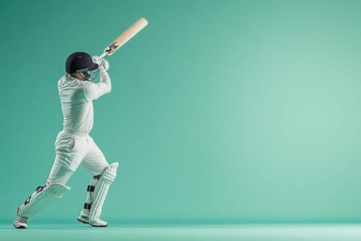 A determined cricketer in full white gear elegantly prepares to strike, showcasing the skill and precision essential in cricket.