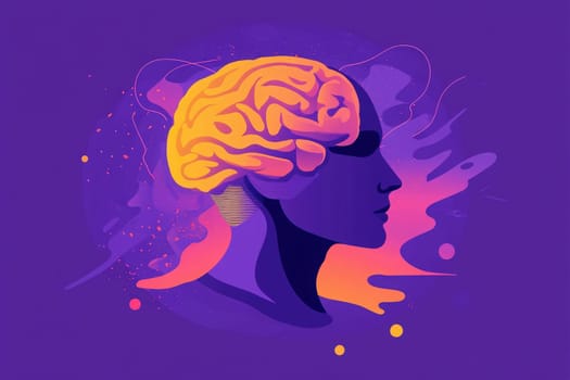 A colorful design features a brain silhouette against a purple background, illustrating the intersection of psychology and creativity, conveying a sense of thought and exploration.