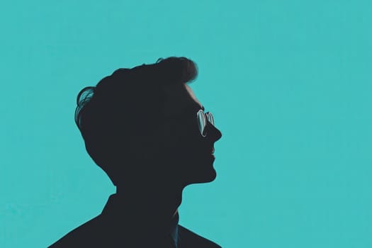 A man with glasses is shown in profile, embodying deep thought and introspection. The minimalist design features a striking teal background, enhancing the focus on his silhouette.