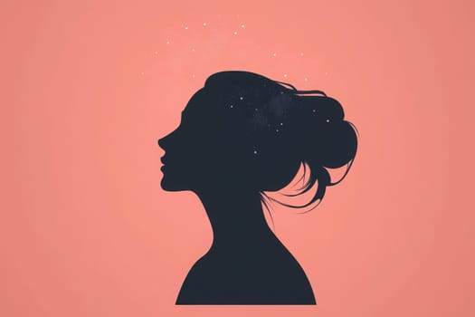 A silhouette of a woman representing a psychologist is set against a soft pink background. The design features stars above her head, symbolizing mental clarity and tranquility in a modern approach.