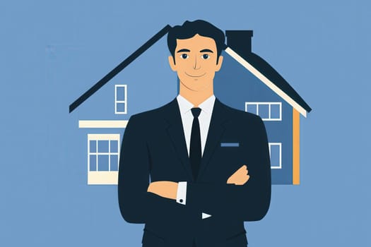 A confident real estate salesman poses in front of a stylish home, embodying professionalism and modernity. The minimalist design enhances the appeal of both the man and the property.