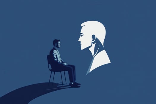 A psychologist sits on a chair in a minimalist office, engaged in a thoughtful session with a client, emphasizing the focus and connection in therapeutic conversation.