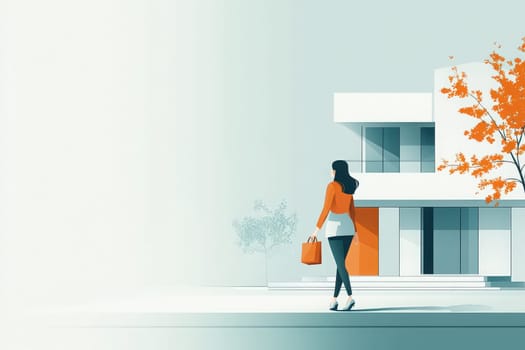 A woman in stylish attire carries a bag as she approaches a contemporary home. The setting is calm, featuring minimalist design elements and vibrant orange accents from the tree.