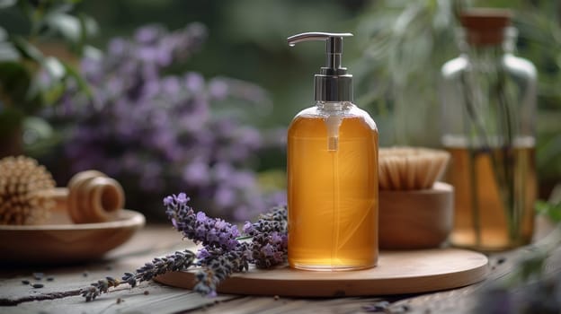 A bottle of a cosmetic product with a pump, decorated with fresh lavender and other natural elements. Concept eco-friendly cosmetics and self-care