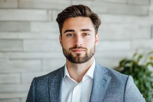 A well-groomed man in a tailored suit stands confidently in a minimalist office space. Natural light highlights his professional demeanor, ideal for real estate negotiations.