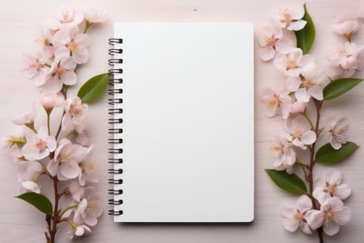 Blooming tree branches with pink flowers and notebook mockup on white background.