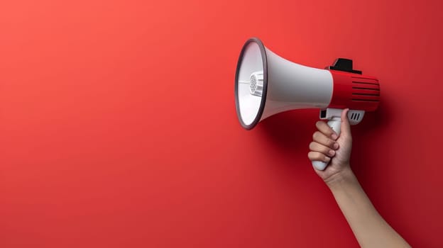 A hand holding a megaphone against red wall with copy space