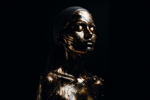 A woman with gold paint on her face and body