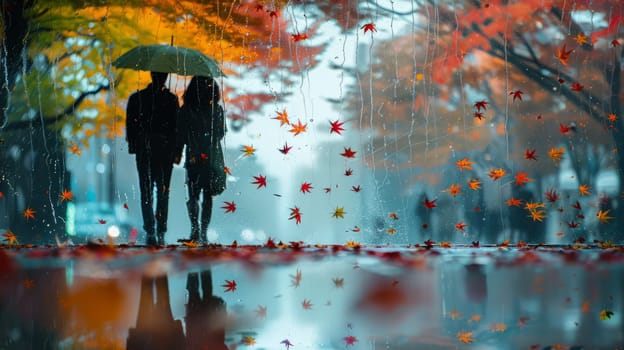 A couple under a green umbrella on a rainy day, with colorful autumn leaves and reflections in puddles.