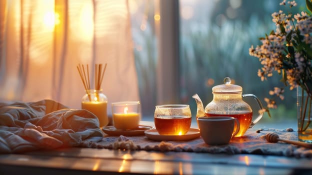 Cozy tea serving with teapot, cups and honey sticks. warm and welcoming atmosphere