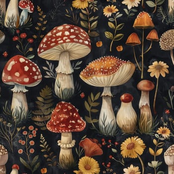 A pattern of a bunch of mushrooms and flowers on black