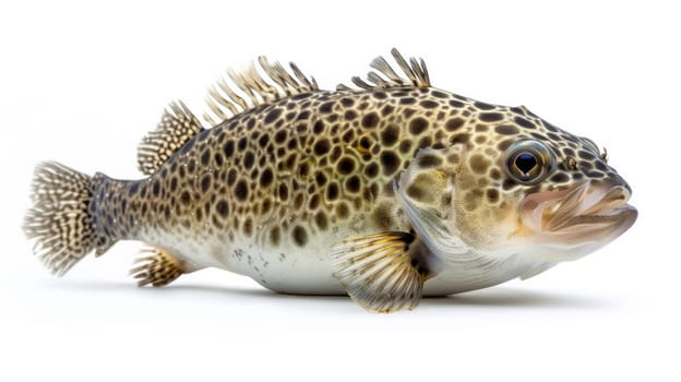 A fish with spots on its body is shown in a white background