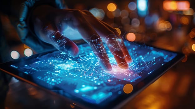The hand touches the glowing digital interface, creating the effect of light pulsing and data patterns. A person using a tablet with augmented reality functions