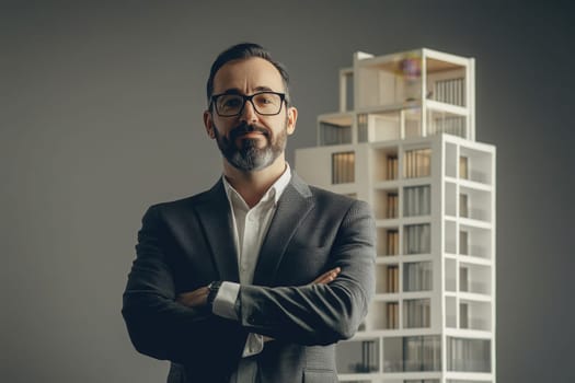 A confident real estate salesperson stands with arms crossed, showcasing a sleek architectural model of a high-rise building against a minimalist backdrop. The atmosphere is professional and modern.