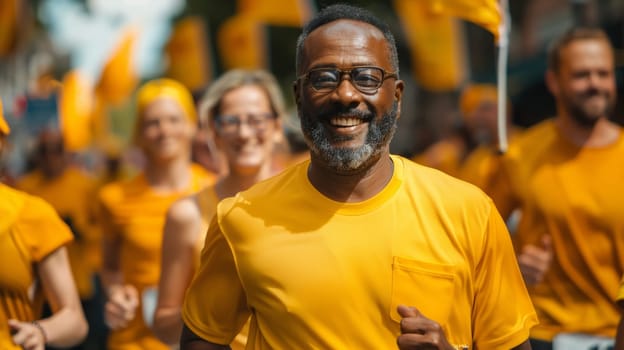 A charity run or walk with participants in gold clothes and banners raising funds for childhood cancer research.