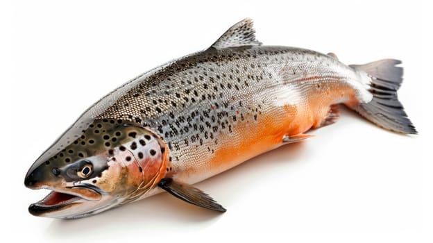 A large fish laying on a white surface with its mouth open