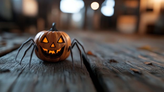 Halloween holiday. Jack-o-lantern with spider legs in an abandoned attic.