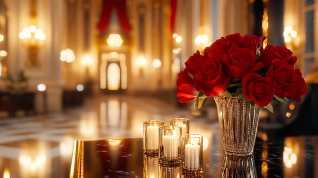 Flowers in a vase on a table with candles in a luxurious interior, exquisite patterns, rich color palette, gold details and soft lighting in the hall