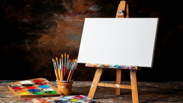 A wooden easel with a blank canvas, at the base of which there are paints and brushes. Next to the easel there are palettes with bright colors - red, green, blue and yellow.copy space