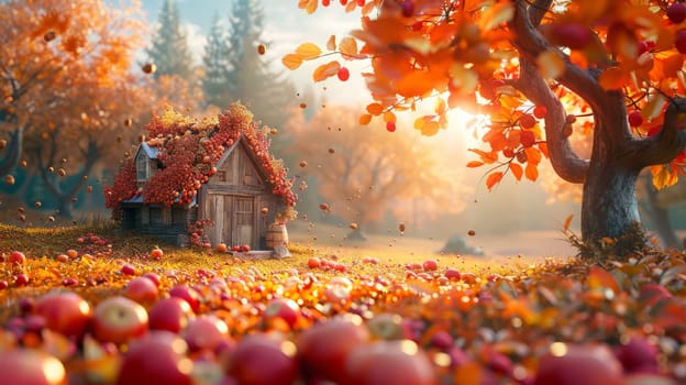 A picturesque autumn landscape with colorful foliage and a rustic tree surrounded by apples and acorns.