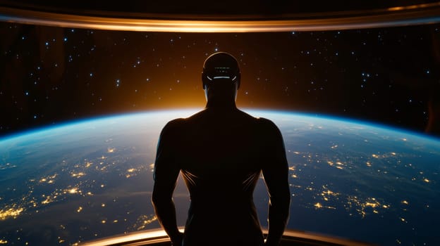 The silhouette of a creature standing in front of a massive transparent wall of a spaceship and looking down at Earth. In the distance, you can see the blue-green surface of the planet.