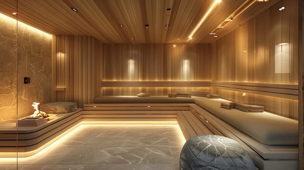 A room with a fireplace and benches in it's center