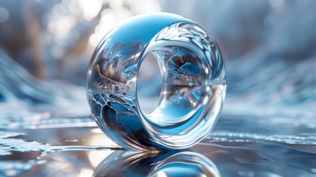 A transparent abstract ring made of chrome metal lies on a reflective surface with a blurred icy background.