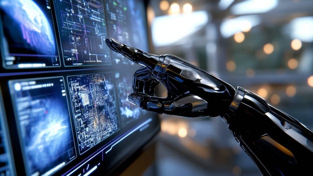 the hand of a creature interacting with the holographic monitors surrounding it, each of which displays real-time images of Earth's landscapes, cities, and oceans.