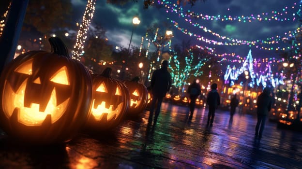 Futuristic Halloween celebration, glowing pumpkin sculptures, green and purple sky