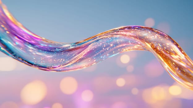 Floating translucent wave made of glass-like material surrounded by shimmering multi-colored highlights.abstract background