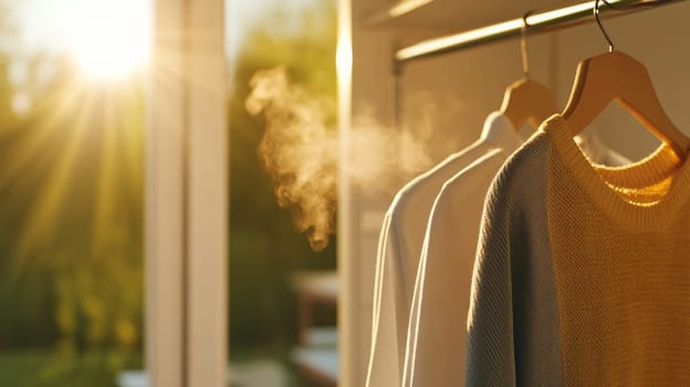 freshly washed and ironed clothes hang on a hanger.The soft steam rising from the fabric symbolizes the aroma of freshly washed clothes after using fabric softener.