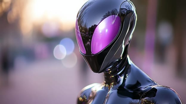 A close-up of a smooth, metal-like body, shimmering in deep shades of purple, silver, and black. large glowing eyes located in a smooth dome-like head