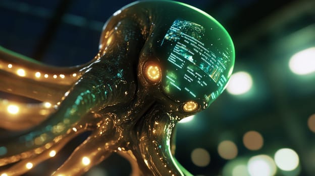 alien creature with glowing eyes among the monitors. Glowing monitors reflect off its smooth body