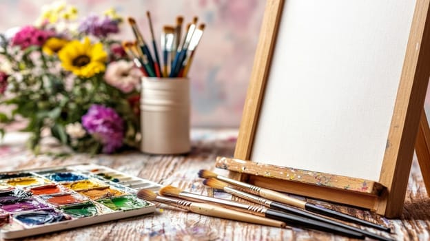 Wooden easel with a blank canvas with tassels at the base. Next to the easel there are palettes with bright colors and a bouquet of flowers.