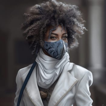 A woman with a face mask and white jacket