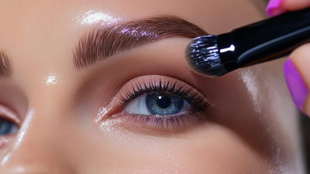 Close-up of an eyeshadow brush applying a rich shade to the eyelid under perfectly shaped eyebrows, with a neat coverage of each hair.