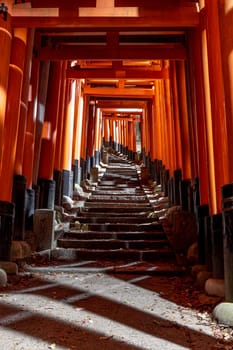 Stone staircase red torii gates at fushimi inari shrine, japan