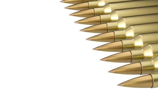 Rifle bullets forming diagonal line on transparent background 3d