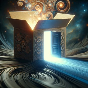 A magical scene of a box with a glowing door leading to a mystical world. The box is surrounded by swirling clouds and stars, and a bright light shines from the doorway. A high-quality photo.