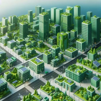 A city with green rooftops and parks, showcasing a sustainable and eco-friendly urban design. A high-quality photo.