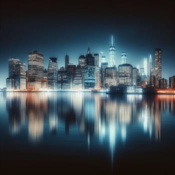 A night view of a cityscape reflecting in the water, with the buildings illuminated by bright lights. A high-quality photo.