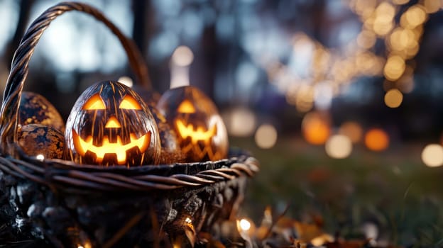 A small Halloween basket filled with eggs, each carved like a Jack O'Lantern.