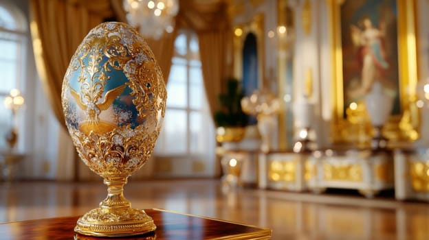 An Easter egg with gold and silver patterns, a background decorated with stucco and paintings with angels, luxurious curtains and huge crystal chandeliers, a celebration with elegant glitter.