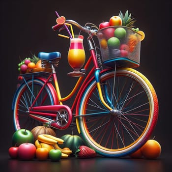 A colorful bicycle with a basket full of fruit and a smoothie glass on the side, surrounded by more fruit. A high-quality photo.