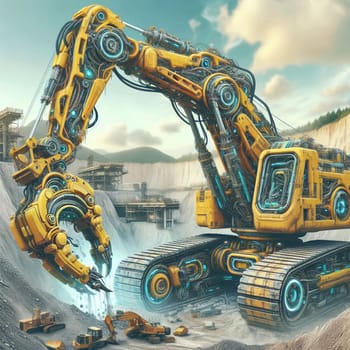 A futuristic excavator with glowing blue lights and a powerful claw, digging in a pile of dirt. A high-quality photo.