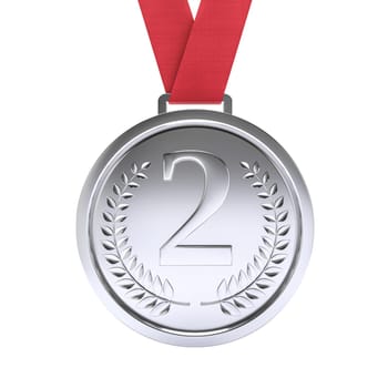 Silver second place medal with laurel red ribbon isolated  background 3d