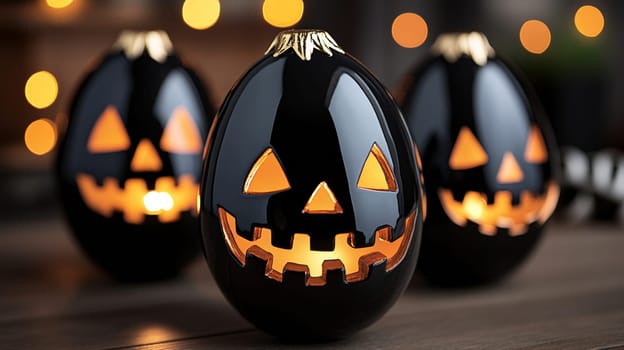Three glossy eggs in the form of Jack-o-Lantern, with glowing cracks and creepy smiles. Halloween theme