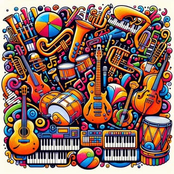 A colorful, cartoon-like image with a variety of musical instruments, including guitars, drums, trumpets, and keyboards. A high-quality photo.